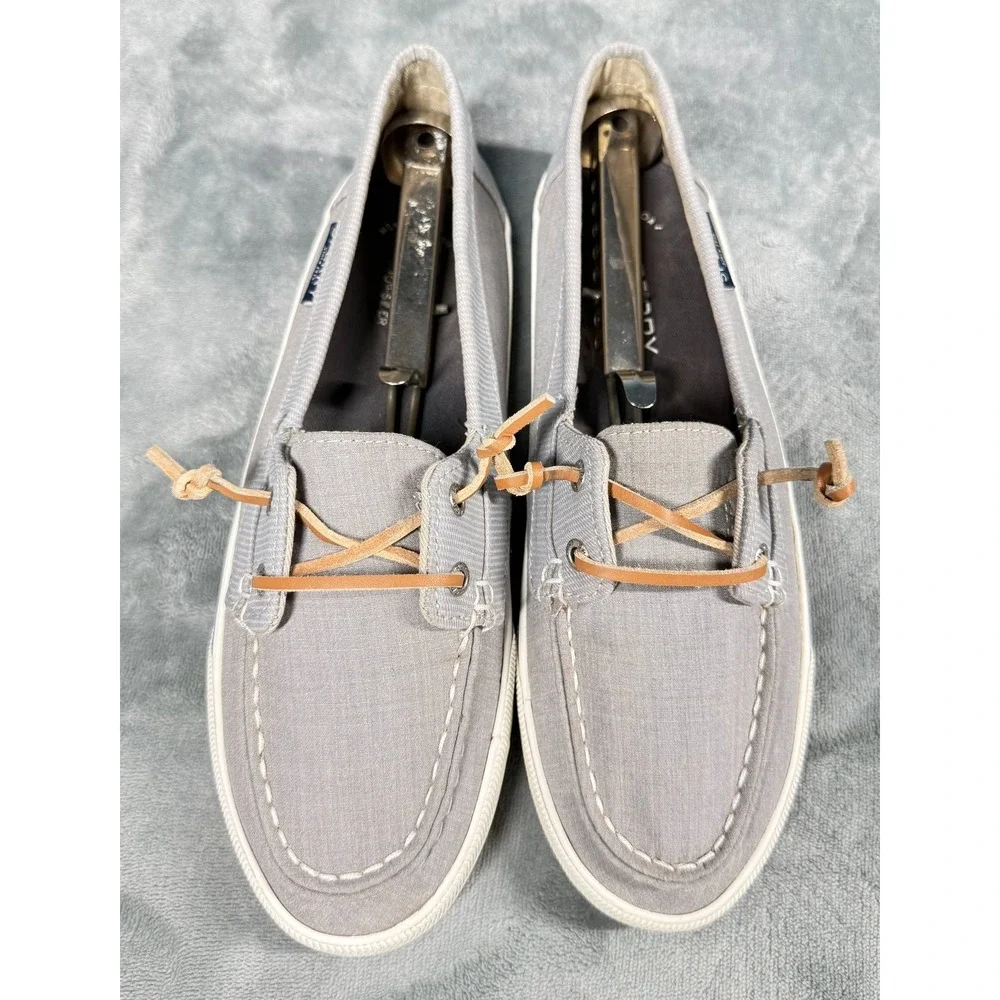 Sperry Boat Shoes Womens 8.5 Gray Canvas Leather Lace Slip On Casual